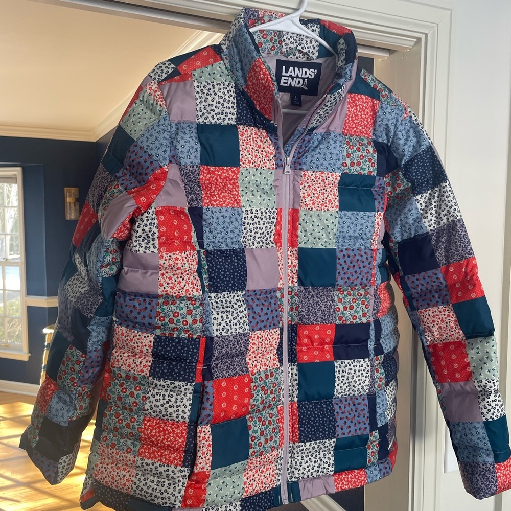 Lands' End Patchwork girls Large ski Jacket goosedown! Eeuc!!! So cute warm